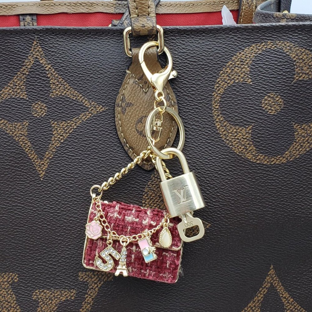 Authentic Louis Vuitton Padlock & Key Gold ✨Unbranded Tweed Bag Charm Keychain